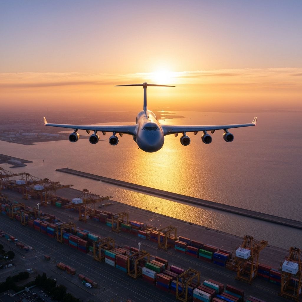 Cargo airplane flying over shipping containers